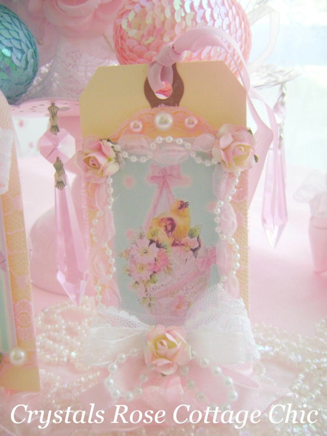 Shabby Chic Pink and Aqua Polka Dot Vintage Chick Easter Tag Decor Ornament