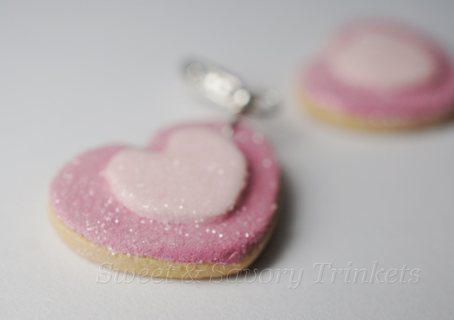 Valentines Day Pink Heart Cookie Charm, Miniature Food Jewelry, Polymer Clay Food Charm