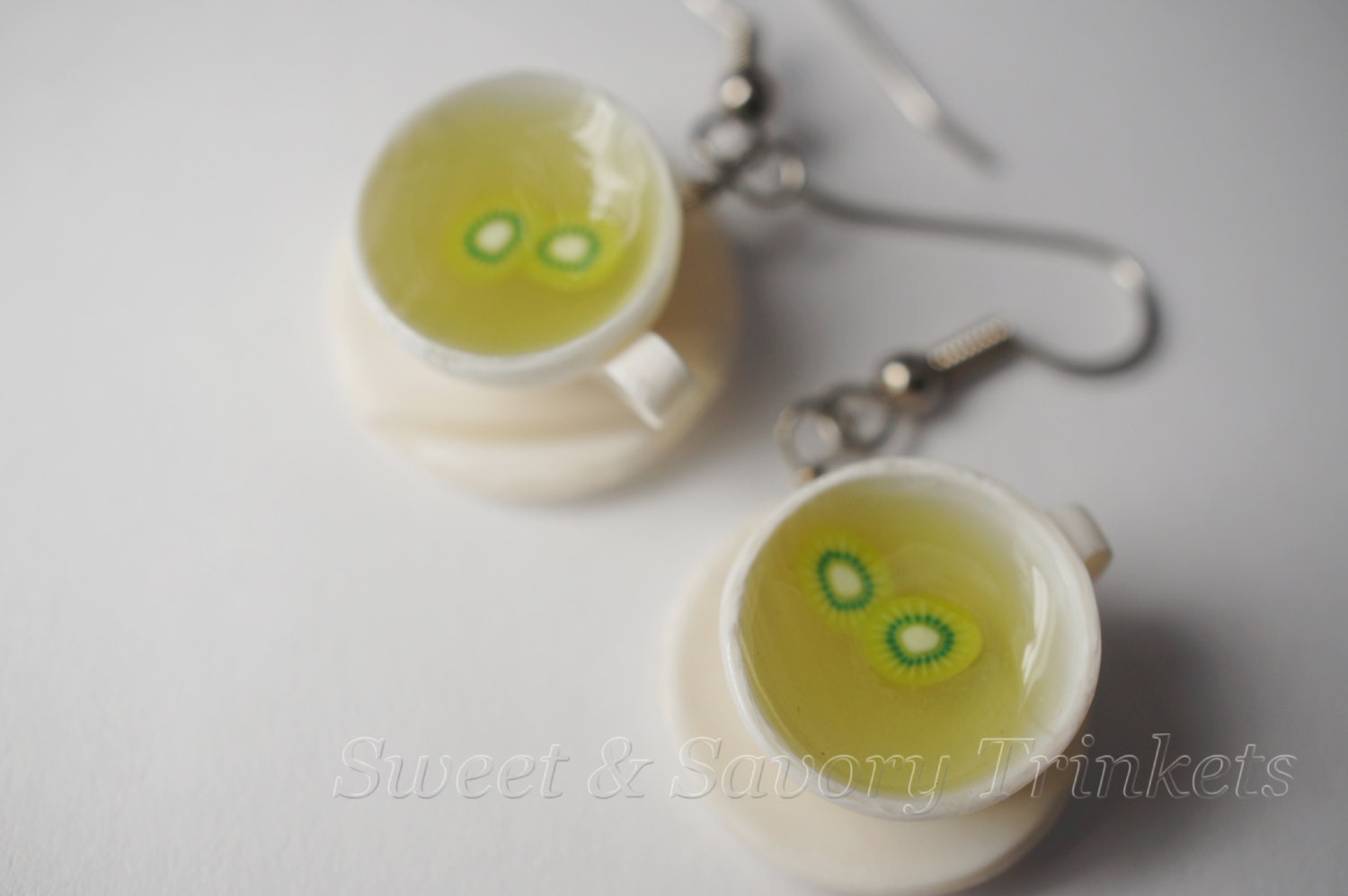 Kiwi Tea Earrings, Miniature Food Jewelry, Polymer Clay Food Earrings