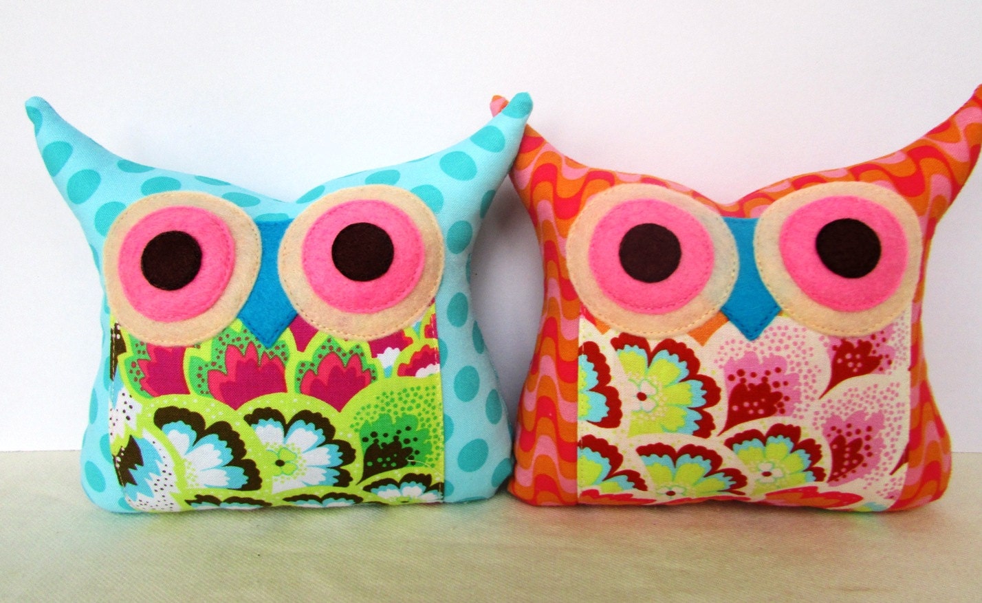 TWO owl pillows/Pink/Aqua/Amy Butler soul bloossoms fabric Polyfil Stuffed pillows /decoration/collection - Ready to ship