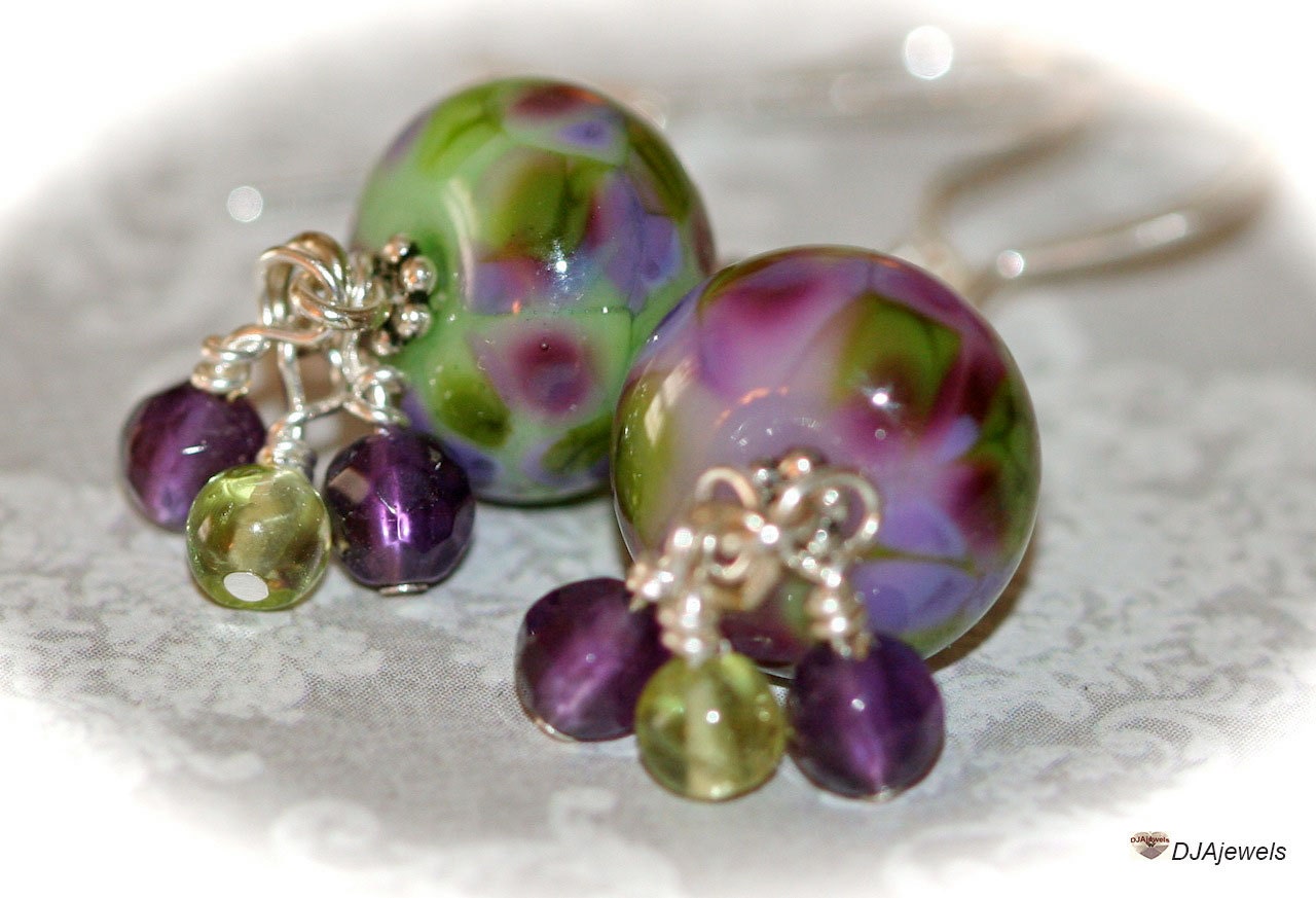 Lampwork Beaded Earrings. Apple Green. Purple Swirl.