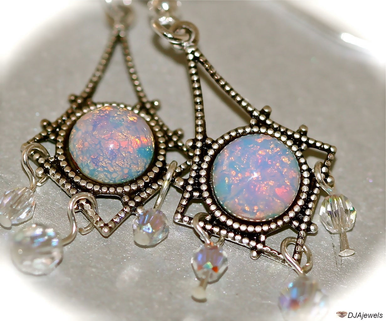 Pink Fire Opal Earrings. Sterling Silver. Nouveau.