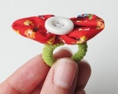 Kids Fabric and Button Ponytail Holder - Vintage Red Floral with White Button