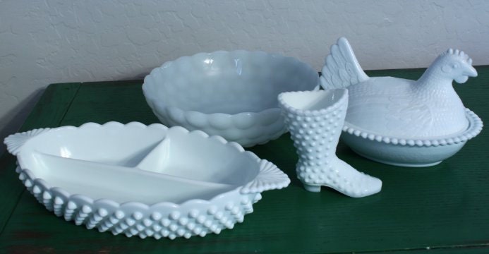Vintage Lot of 4 Hobnail White Milk Glass Dishes and Decor Fenton Anchor Hocking