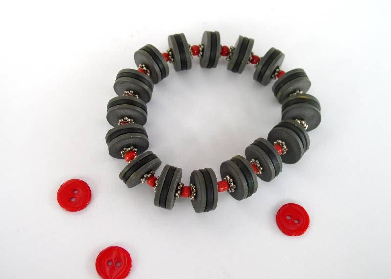 Dark Grey and Red Buttons Bracelet