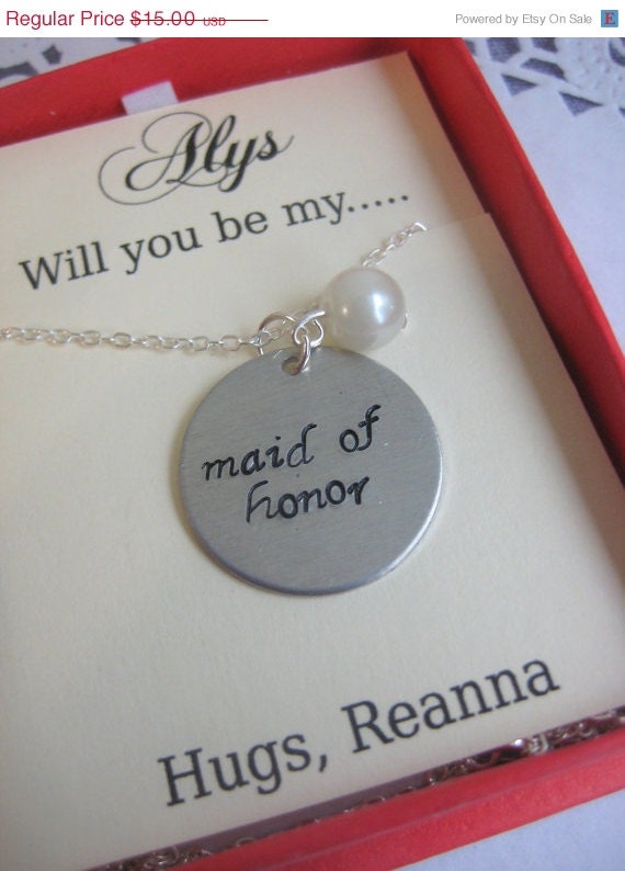 30% SALE Ask Maid of Honor, Bridal Party Gift, Handstamped Necklace. Other Color Pearl Available. FREE Notecard Jewelry Box.