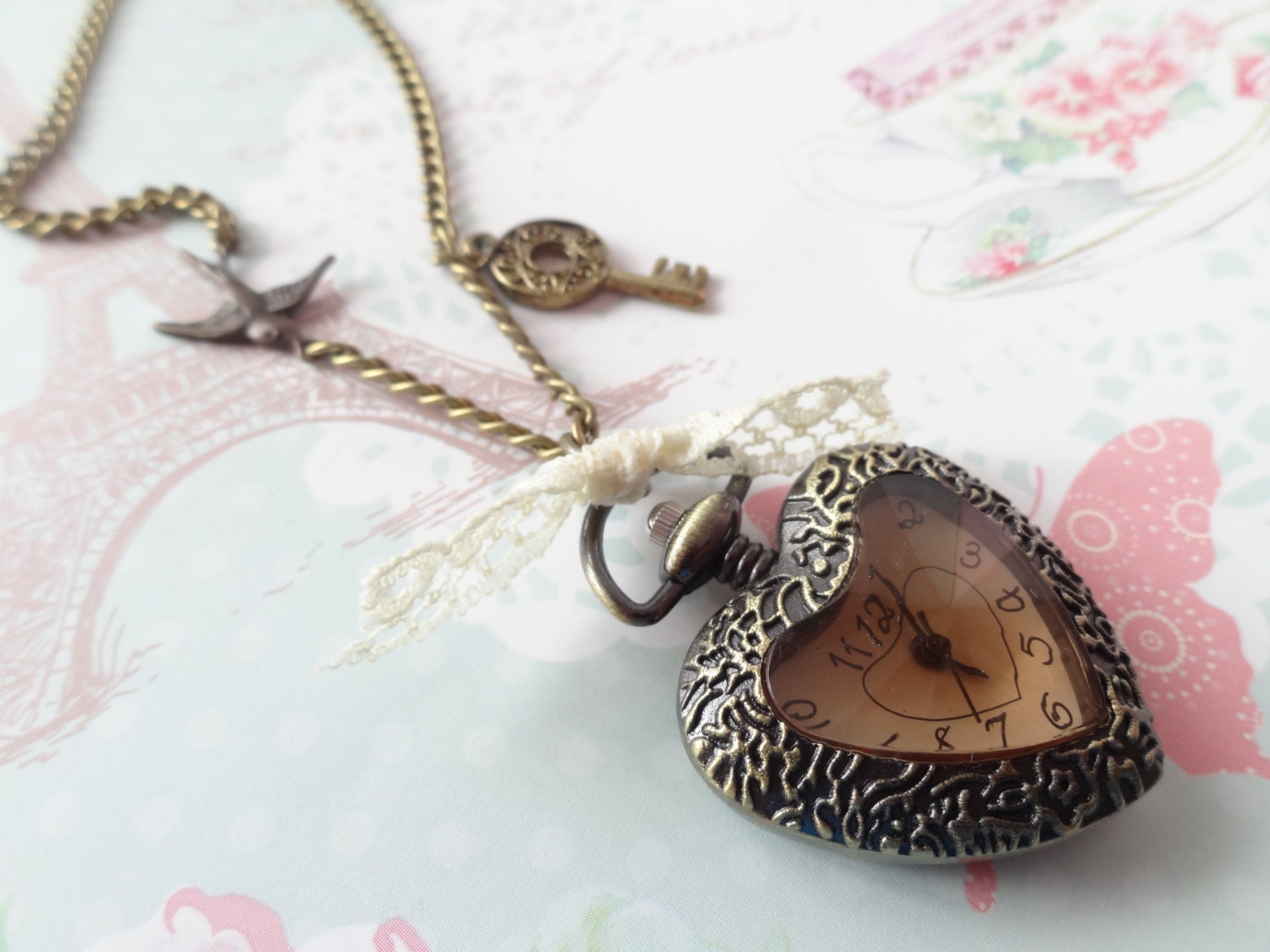 Time for Love Watch Necklace. Heart Watch Pendant with Swallow and Key Charm.