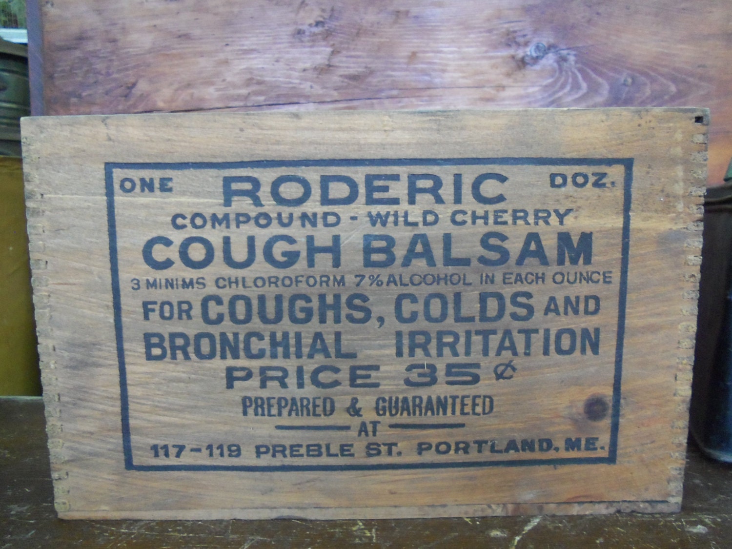 Vintage Wooden Portland Maine Wild Cherry Cough Balsam Crate With Sliding Top from Rustysecrets
