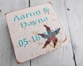 Engagement party Save the Date, BEACH WEDDING FAVORS - Starfish w bride & groom name, date - Travertine Tumbled Stone Coasters - Set of 25