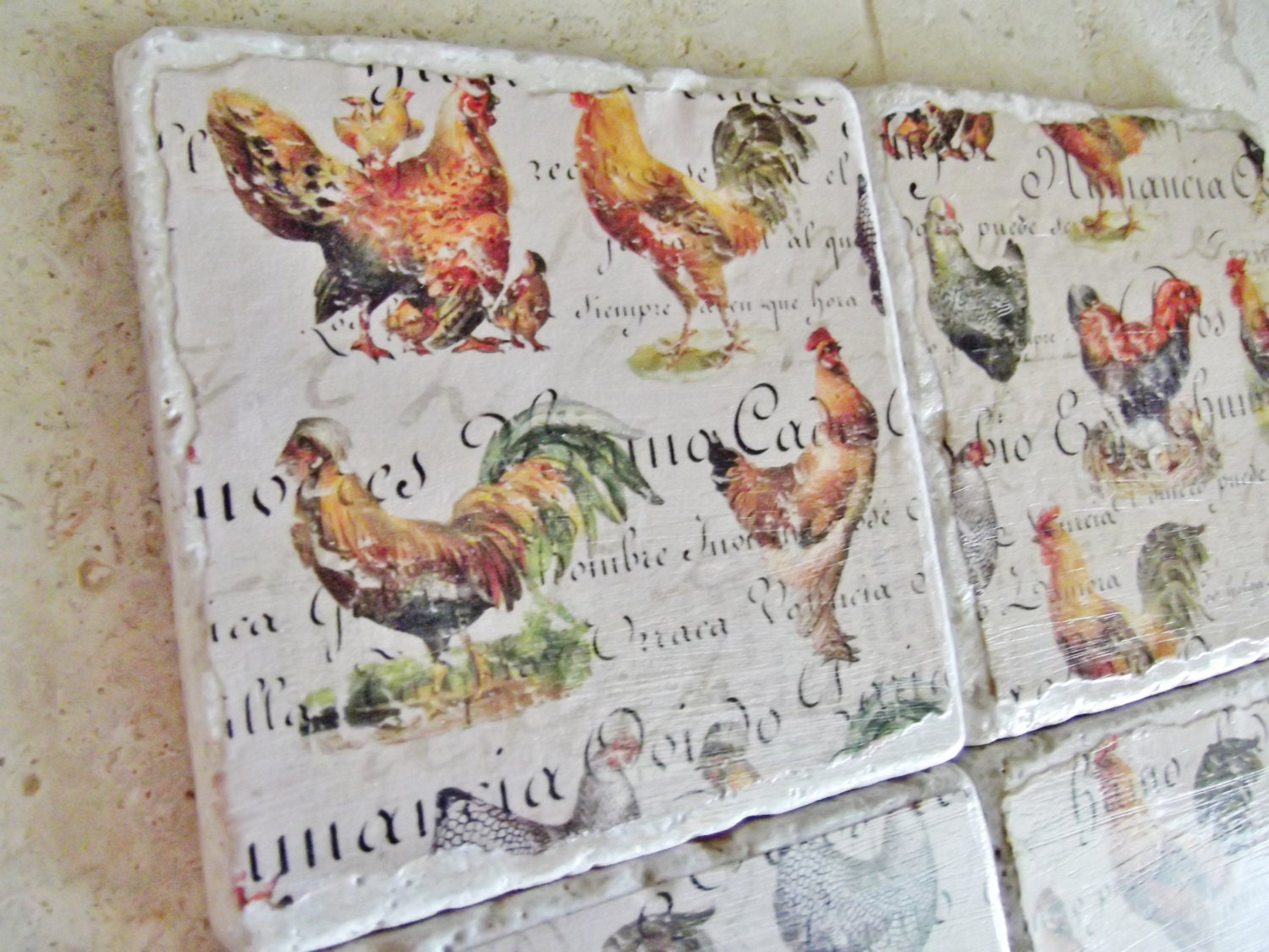 Roosters Stone Coasters- Chic Set of Turkish travertine tumbled stone coasters with vintage country french style paper