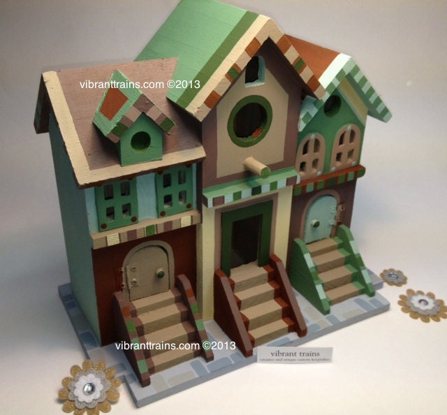 Large wood brownstone style multi family birdhouse for your yard and garden ready to ship today