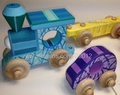 FOUR CAR Chunky Wood Toy Train Custom Hand Painted and made of solid maple perfect for children of all ages.