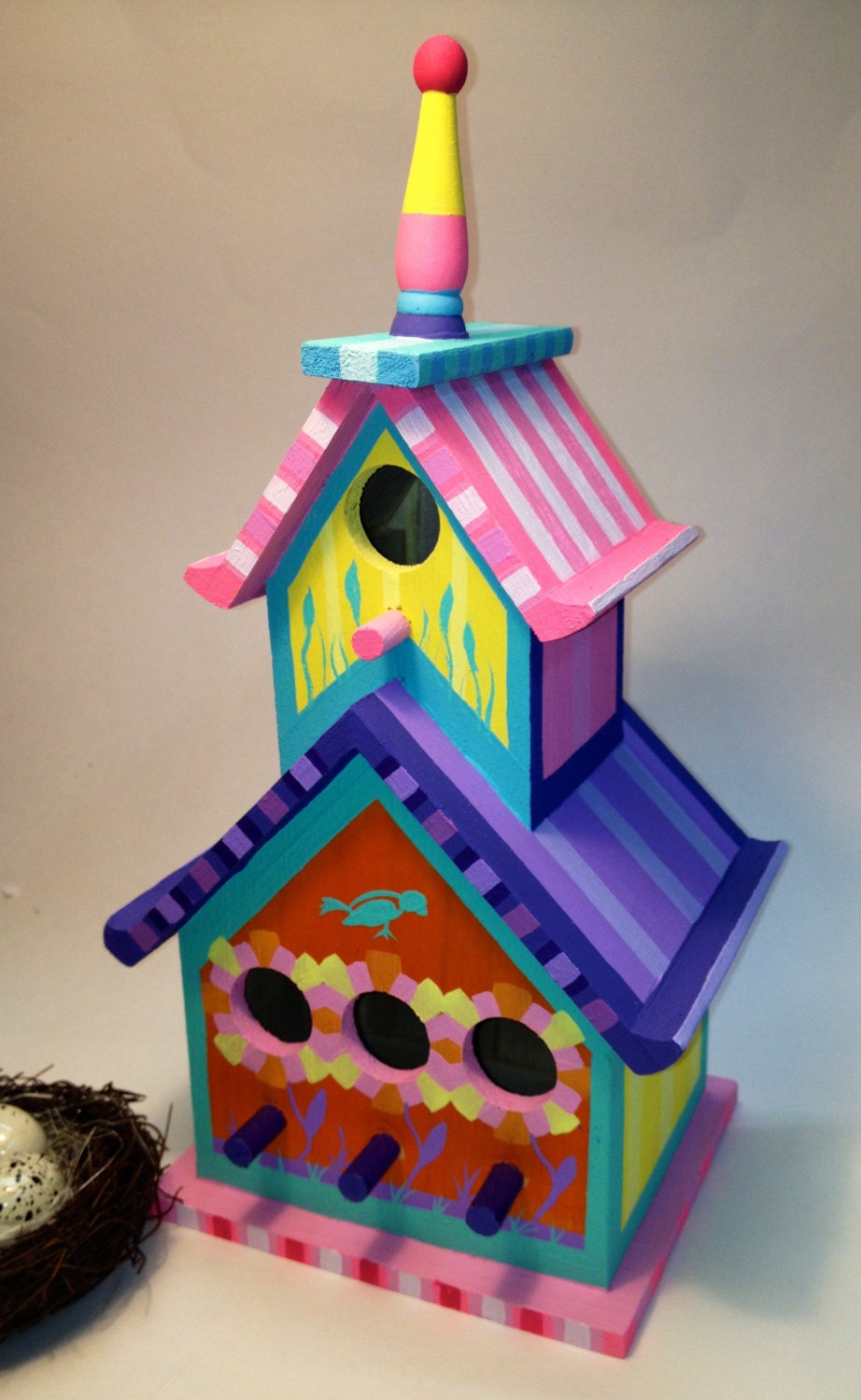 Deluxe Double Decker Chalet Wood Birdhouse with four bird hole entrance openings ready to ship in pink purple orange blue