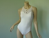 White Lace Swim Suit- 1990's One Piece- Frederick's of Hollywood- Large- Sweetheart Neckline