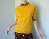 1960's Gold & Brown Sweater- Medium / Large- Short Sleeves, Mock Neck, Charlie Brown in Yellow