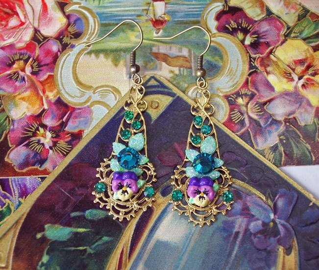 Pansies in Bloom - Hand-Sculpted - Swarovski Crystal Earrings