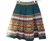 60s Boho Heavily Embroidered Ethnic Skirt, Pleated Guatemalan Skirt Green Colorful Geometrics Birds Symbols, size XS S has 24 inch waist