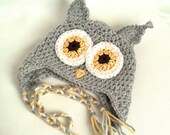 Baby Owl Hat, Crochet Baby Owl Hat, Grey Owl Hat