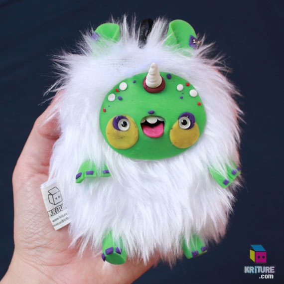 Yeti Plush Monster Toy Cute Kawaii Funny Polymer Clay Soft Sculpture Soft toy Creature - Sasquatch white fur, green skin - Kriture no.90
