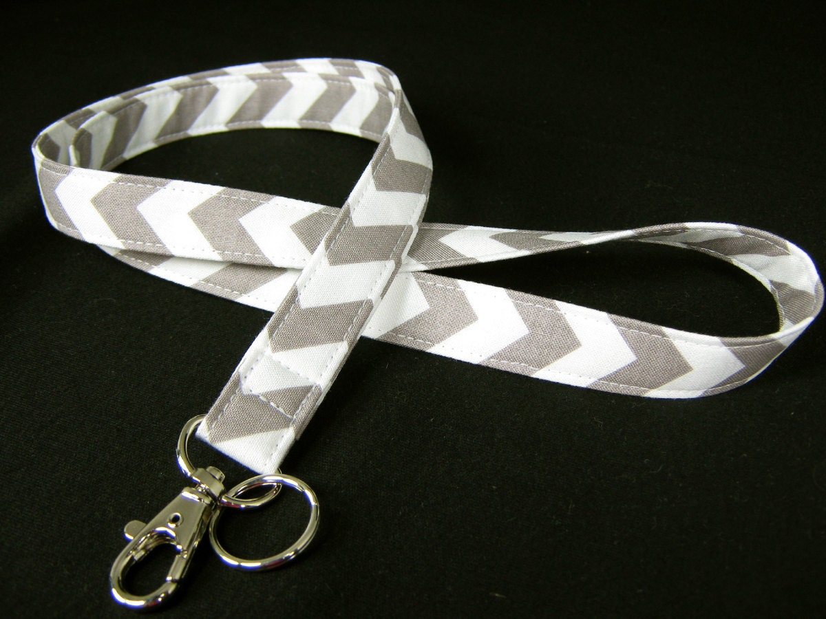 Fabric Lanyard - ID Badge and Key Ring - Riley Blake Chevron Small Grey and White