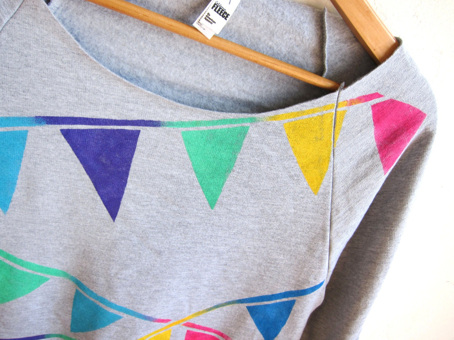 Triangle Bunting Banner Hand STENCILED Deep Scoop Neck Heather Sweatshirt in Ash Grey Multi Rainbow - S M L XL 2XL