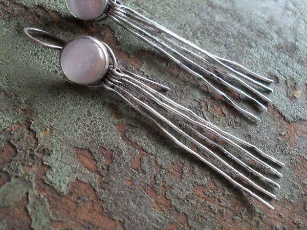 Sterling Silver Earrings, Sterling Earrings, White Moonstone Earrings, Rustic Primitive Contemporary Urban Metalsmith Long Dangle Earrings