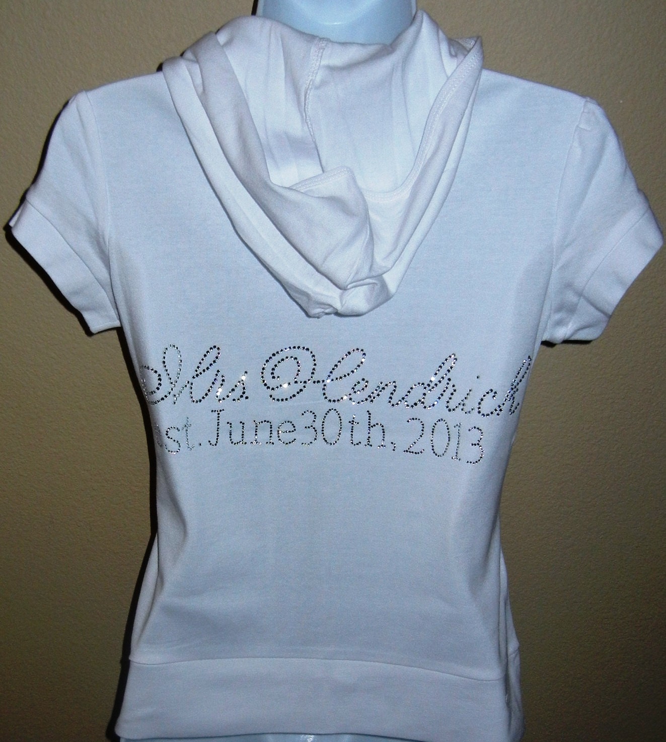 Short Sleeve Bride Personalized Rhinestone Zip Hoodie - Lightweight Cotton - Future last name & est. Date