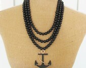 Anchor Nautical Statement Necklace - Black Glass Beaded Triple Strand Vintage Black and Gold Enamel Anchor Long Necklace