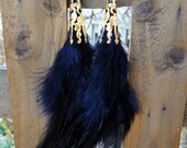 Gold Filigree Cone and Black Feather Earrings, Long Feather Earrings,