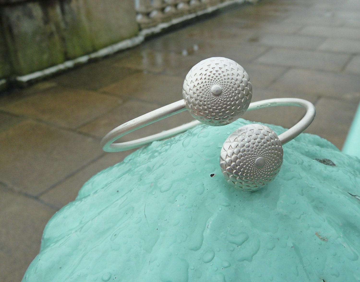 Art deco button sea urchin open cuff bracelet sterling silver