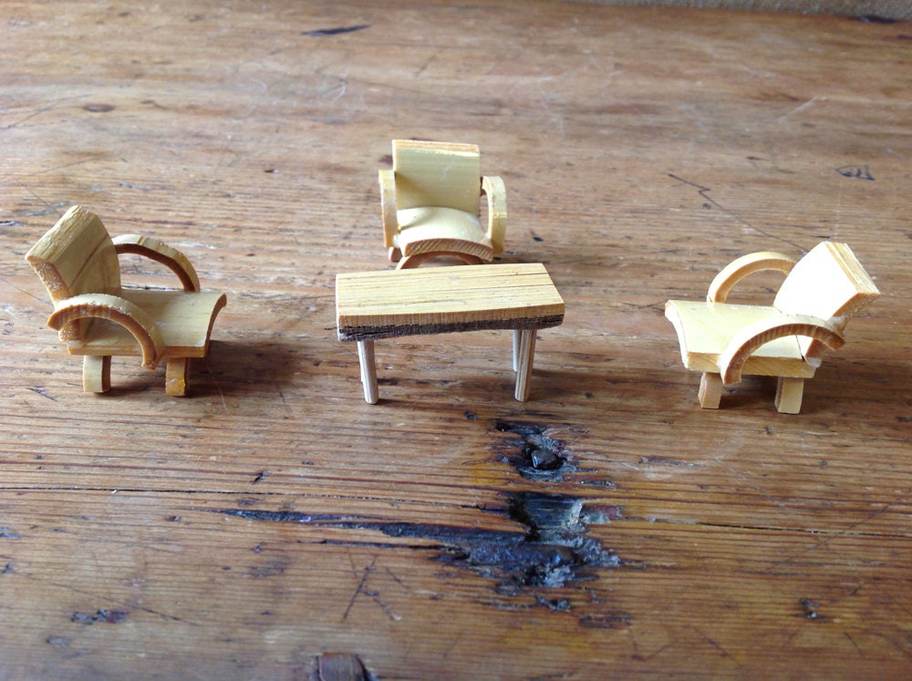 vintage dollhouse furniture, handcrafted bamboo, arm chairs and coffee table, outdoor living room set, 1970s