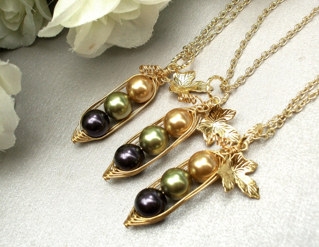 Set of 3 Three Peas In A Pod Necklaces - Bff, Best Friends, Bridesmaids or Family
