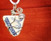 Wire Wrapped Irish Sea Pottery Pendant - Blue and White