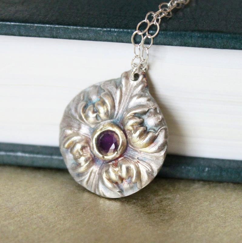 Forgotten Fiore--Precious Metal Clay Antiqued Patina Fine Silver Pendant with Sterling Silver Chain