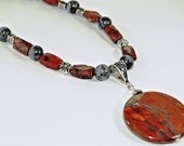 Burgundy, Gray and Silver Beaded Necklace with Matching Pendant