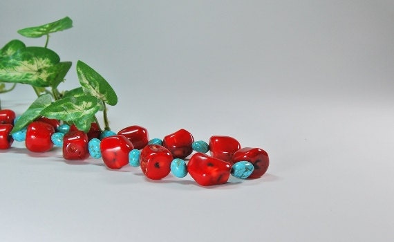 Red Coral and Turquoise Nugget Necklace