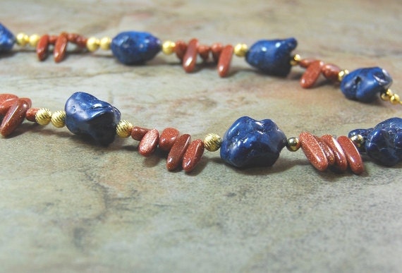 Blue Lapis Howlite, Brown Goldstone, Gold Rounds