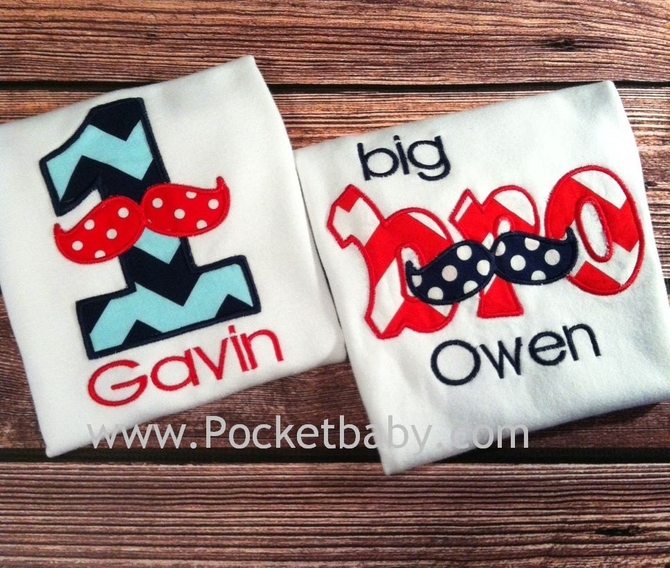 Personalized Little Man Mustache Birthday Shirt and Matching Big Bro Tee or Big Sis Tee - You Choose your Fabric - by Pocketbaby