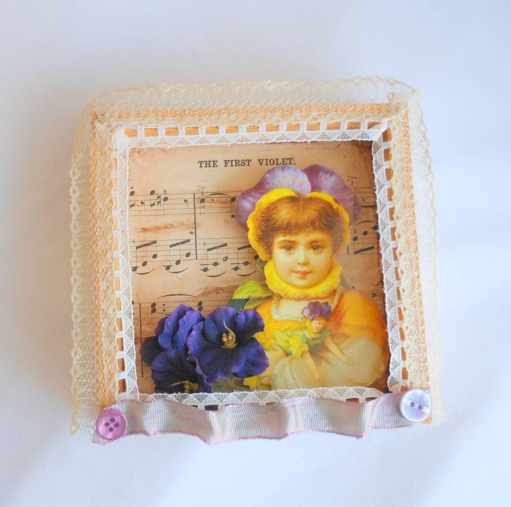 Petite Vintage Style Shadow Boxes with Victorian Scrap Art, Sheet Music, Violet and Rose, Cottage Chic, Spring Decor, Gift Idea for Her