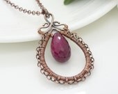 Genuine Ruby necklace - Copper necklace, Red ruby teardrop pendant, Raw ruby jewelry, Wire wrapped Handmade copper jewelry
