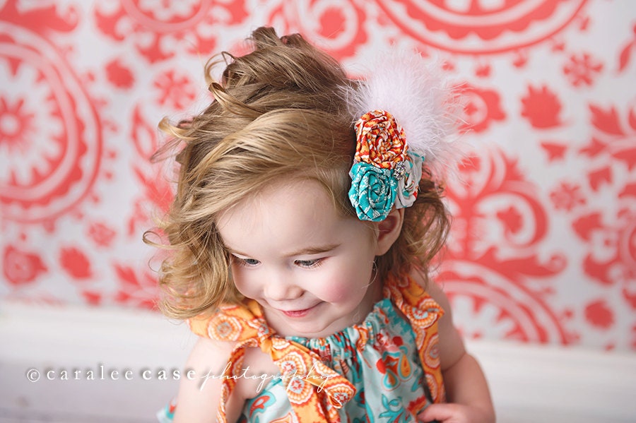 Girl's Spring Aqua and Orange Rosette Hairclip- 2013 Spring Collection from Mellon Monkeys