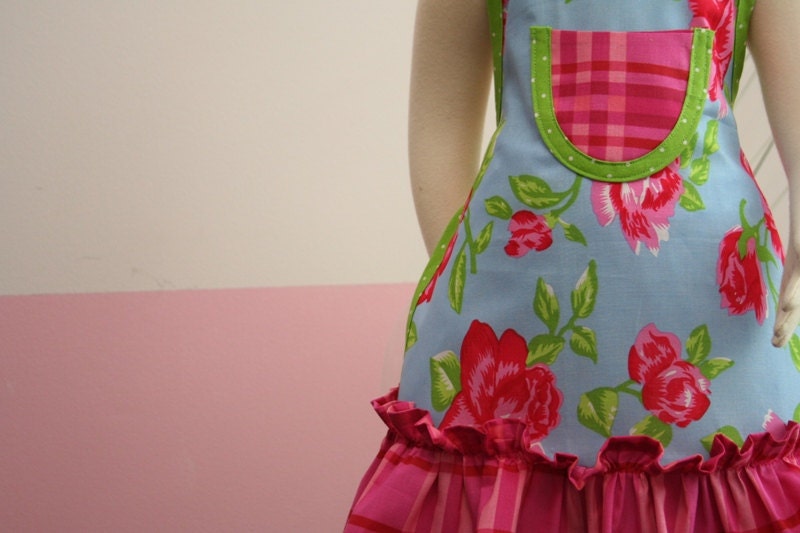 Toddler Ruffle Apron - Pink Roses -size 1-3T