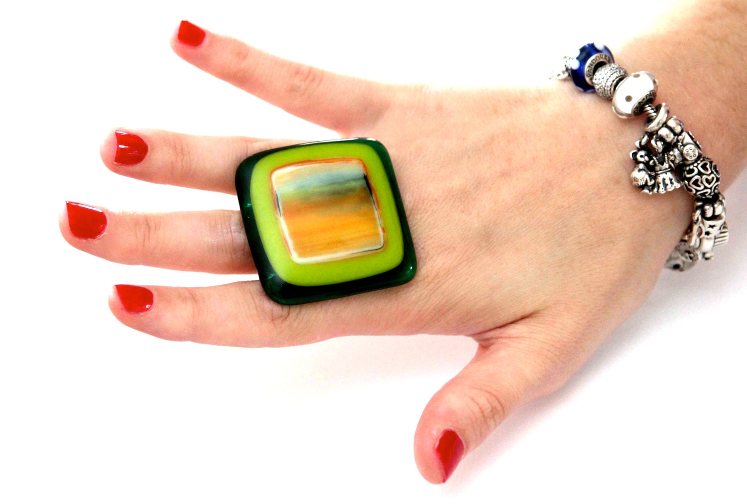 Statement Cocktail Ring Glass- big bold handmade - PSYCHEDELIC - 1.8 inch