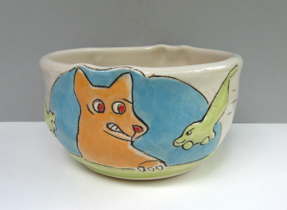 Dog Cereal Bowl With Sinister Vacuum, Orange And Blue