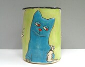 Cat Mug, Large, With Kitty And Rat, Turquoise Blue And Light Green