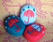 Spring Shower Felted Handmade Soap Umbrella Raindrops Eco Friendly Baby or Bridal Coral Teal Blue