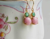 Pink & Mint Green RHINESTONE Earrings Petite Glass Bubble Gum Pink Green Flowergirl Spring