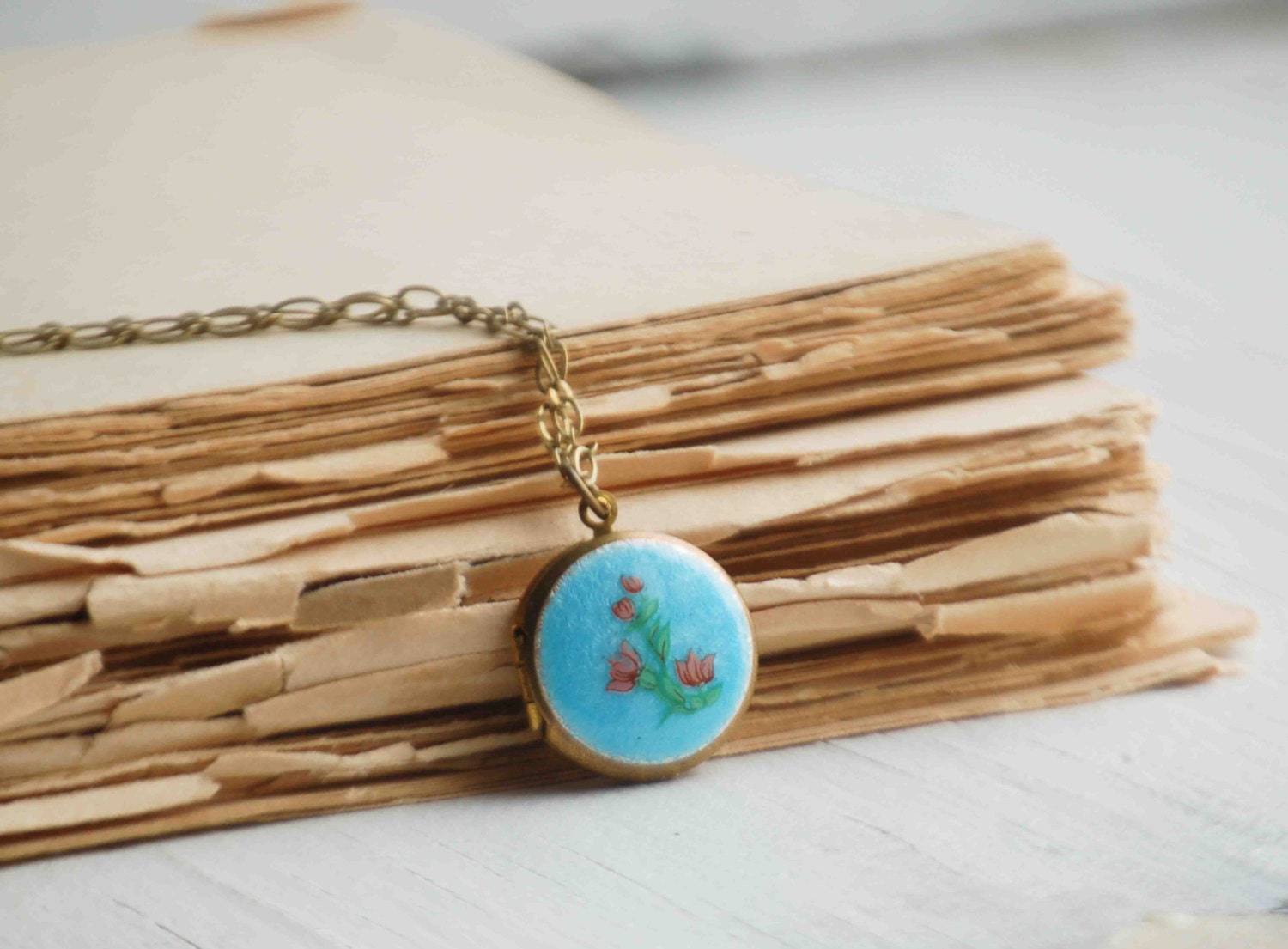 Vintage Enamel LOCKET Necklace Photo Locket Delicate Brass Light Blue Floral Romance