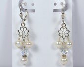 Sterling Silver Bridal Daisy Pearl Earrings, Freshwater White Pearls, Swarovski Clear ab Coated Crystals