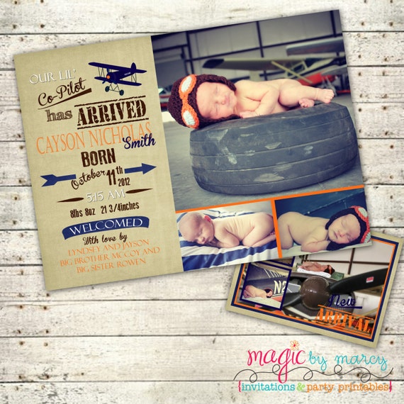 Doublesided Digital Custom Birth announcement Little co pilot aviation theme Il_570xn